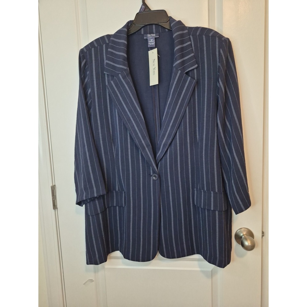 NY&Co Pinstripe Blazer Jacket Womens 3X Blue Lightweight Open Front 3/4 Sleeve